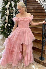 Pink Prom Dress Tulle Ruffled Off The Shoulder Evening Dress With Slit