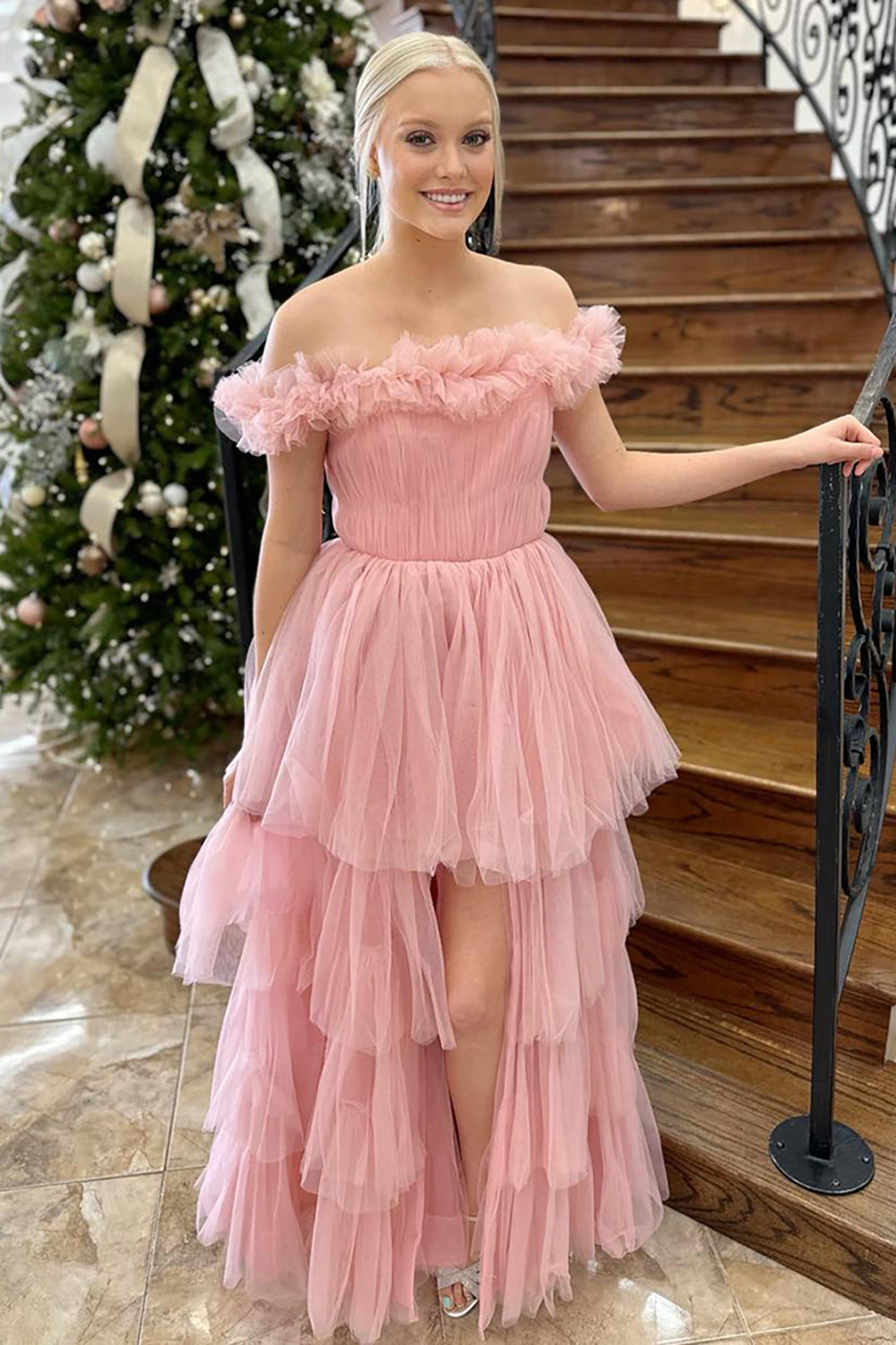 Pink Prom Dress Tulle Ruffled Off The Shoulder Evening Dress With Slit