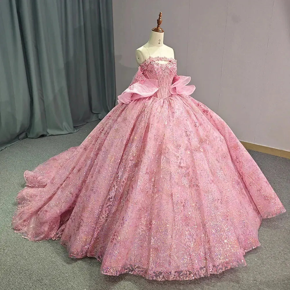 Pink Quinceanera Dress 3D Flowers Appliques Beading Sequins Sweetheart Ball Gowns Sweet 16 Party Dress