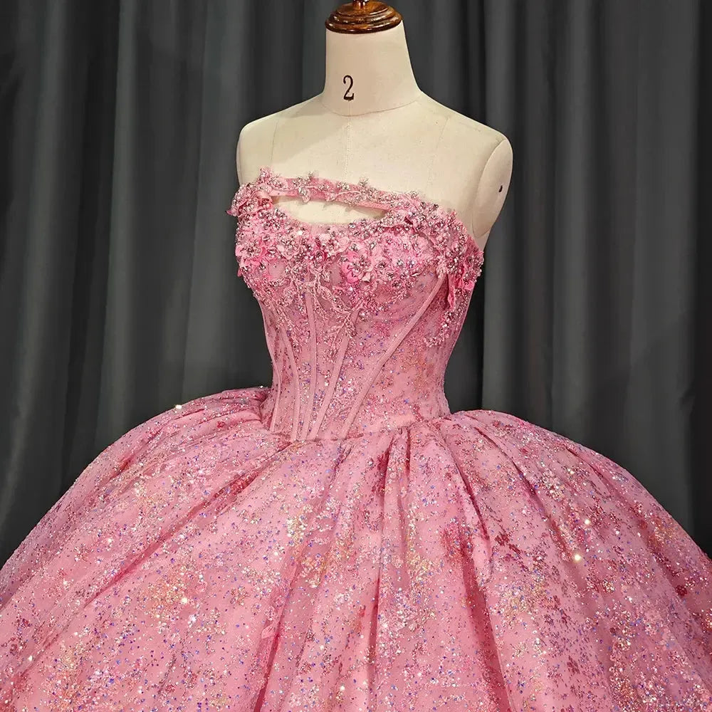 Pink Quinceanera Dress 3D Flowers Appliques Beading Sequins Sweetheart Ball Gowns Sweet 16 Party Dress