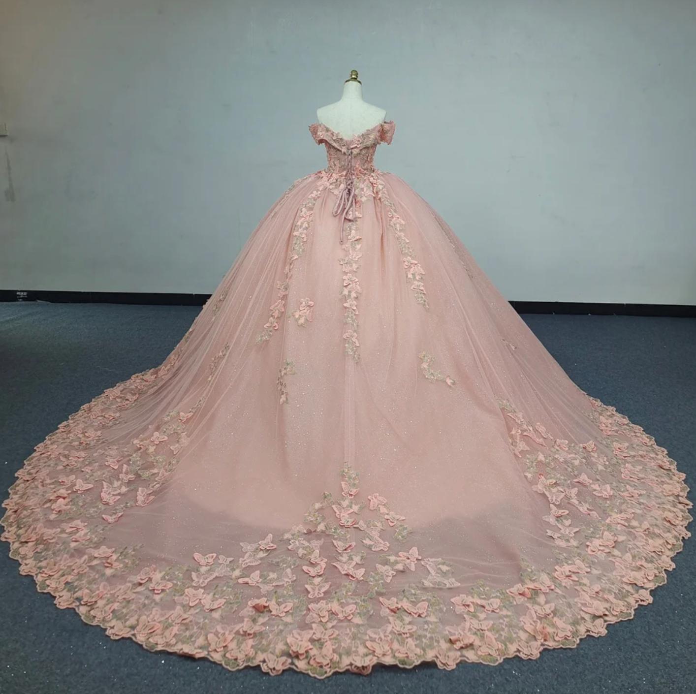 Dreamyannie UK Pink Quinceanera Dress Butterfly Flowers Ball Gown Sweet 16  Dress