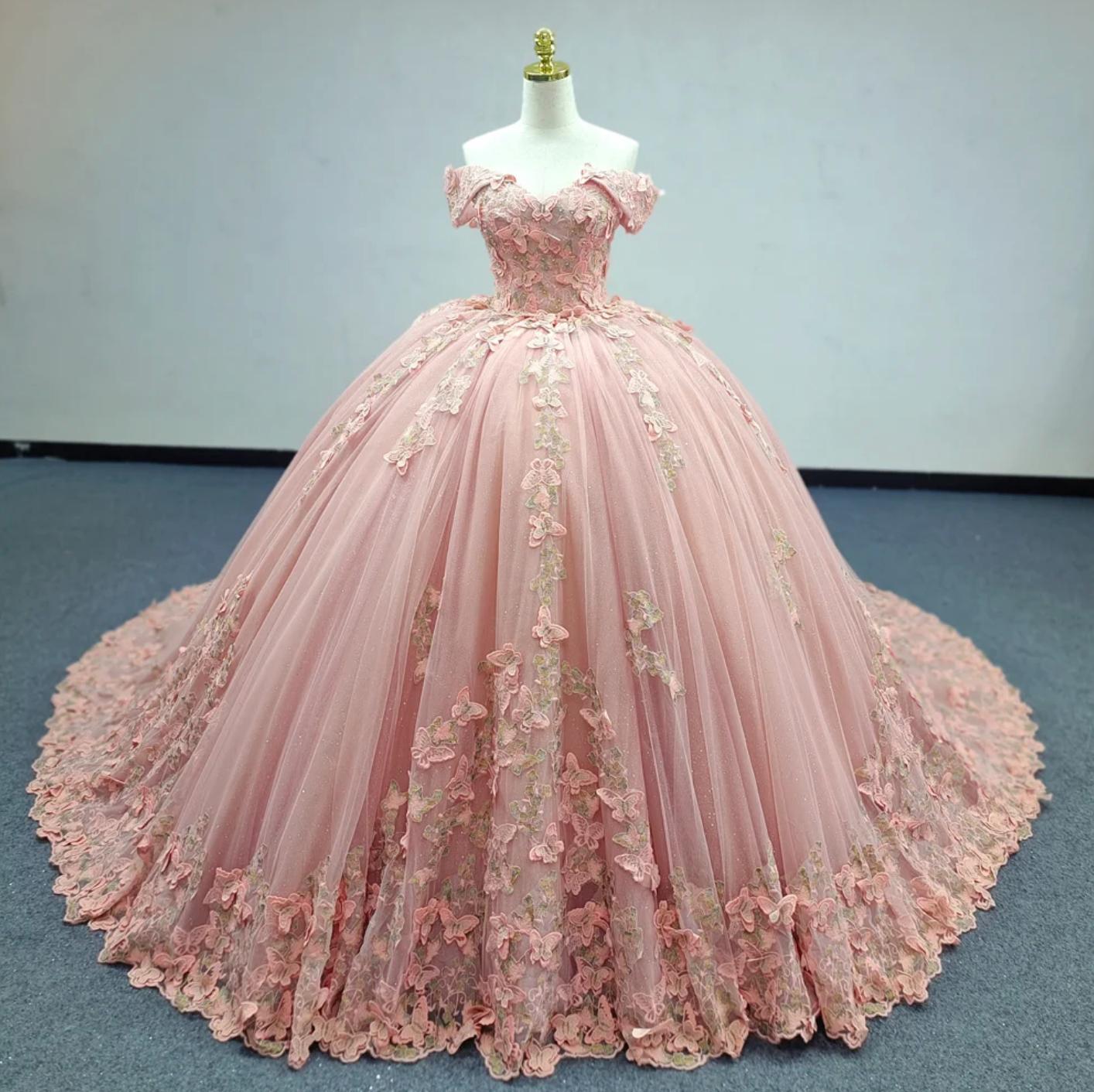 Pink Quinceanera Dress Butterfly Flowers Ball Gown Sweet 16 Dress