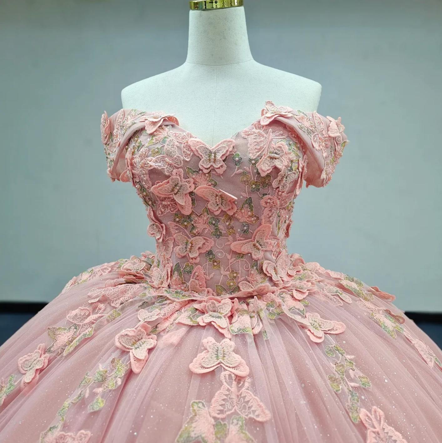 Pink Quinceanera Dress Butterfly Flowers Ball Gown Sweet 16 Dress