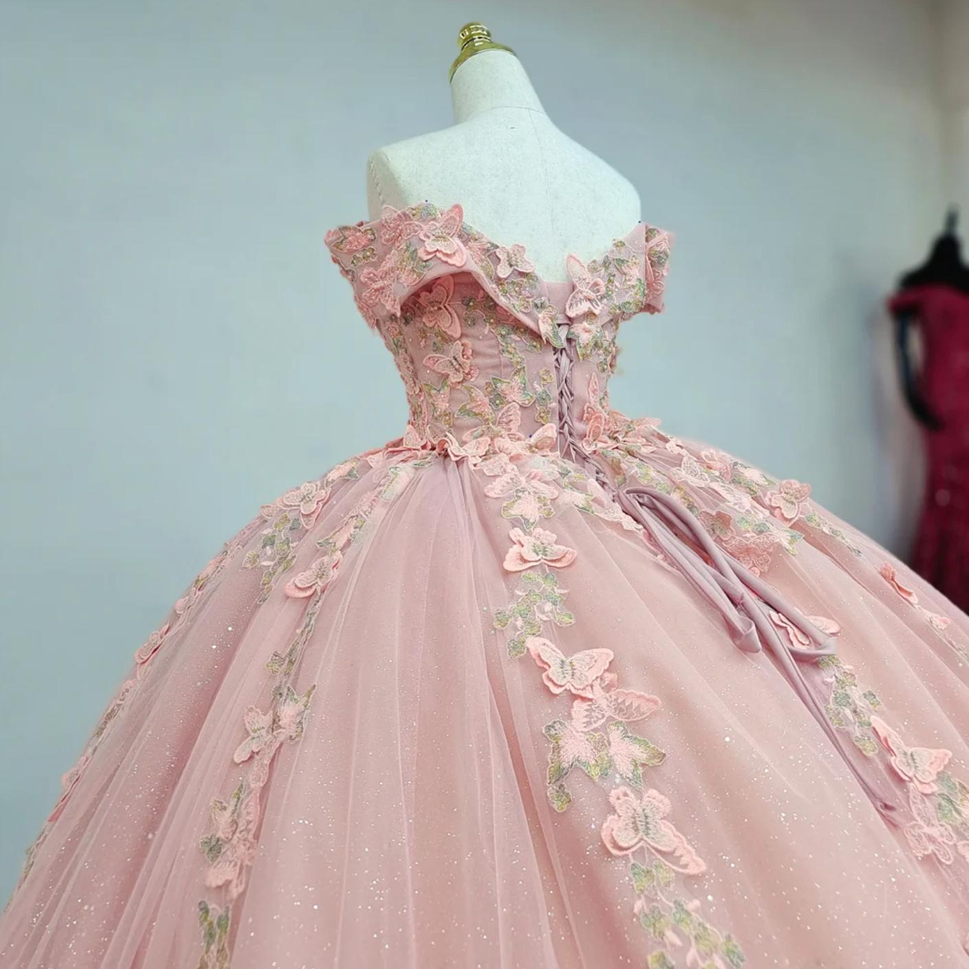 Pink Quinceanera Dress Butterfly Flowers Ball Gown Sweet 16 Dress