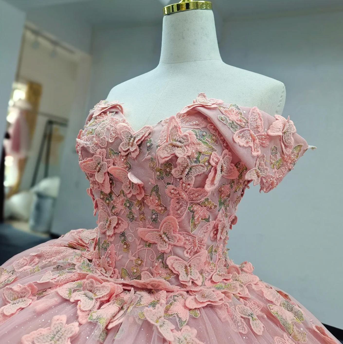 Pink Quinceanera Dress Butterfly Flowers Ball Gown Sweet 16 Dress