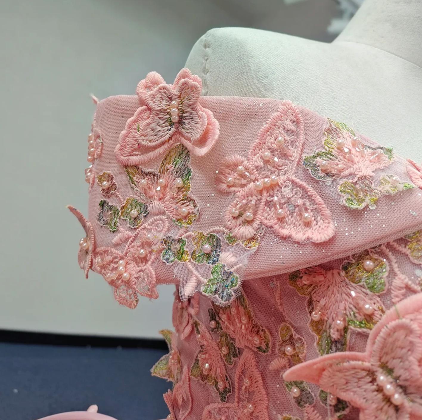 Pink Quinceanera Dress Butterfly Flowers Ball Gown Sweet 16 Dress