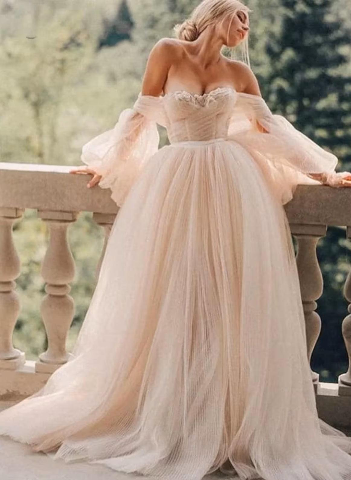Pink Romantic Long Sleeves Off-The-Shoulder Beach Wedding Dresses With Lace