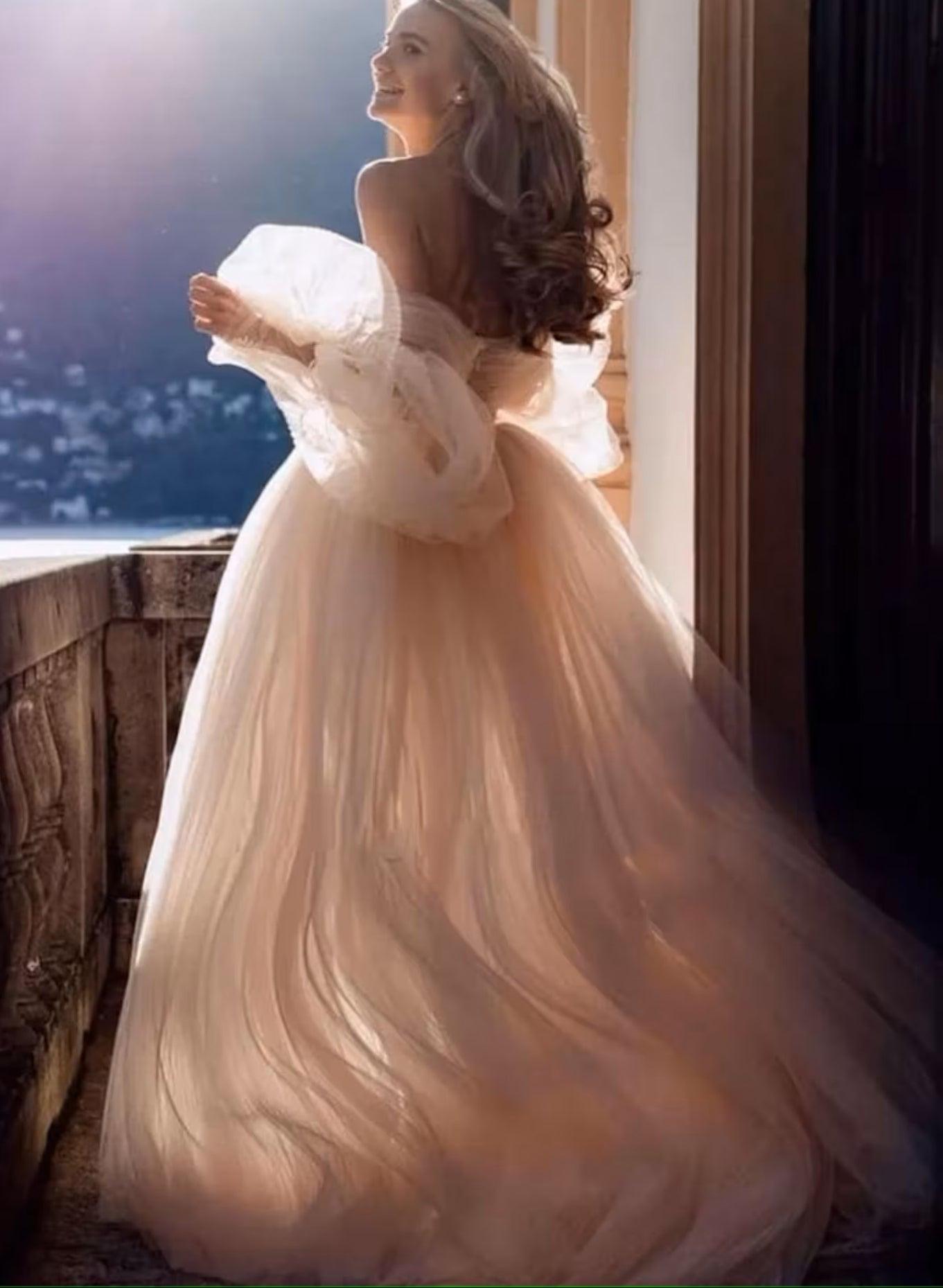 Pink Romantic Long Sleeves Off-The-Shoulder Beach Wedding Dresses With Lace