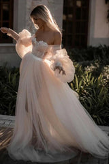 Pink Romantic Long Sleeves Off-The-Shoulder Beach Wedding Dresses With Lace