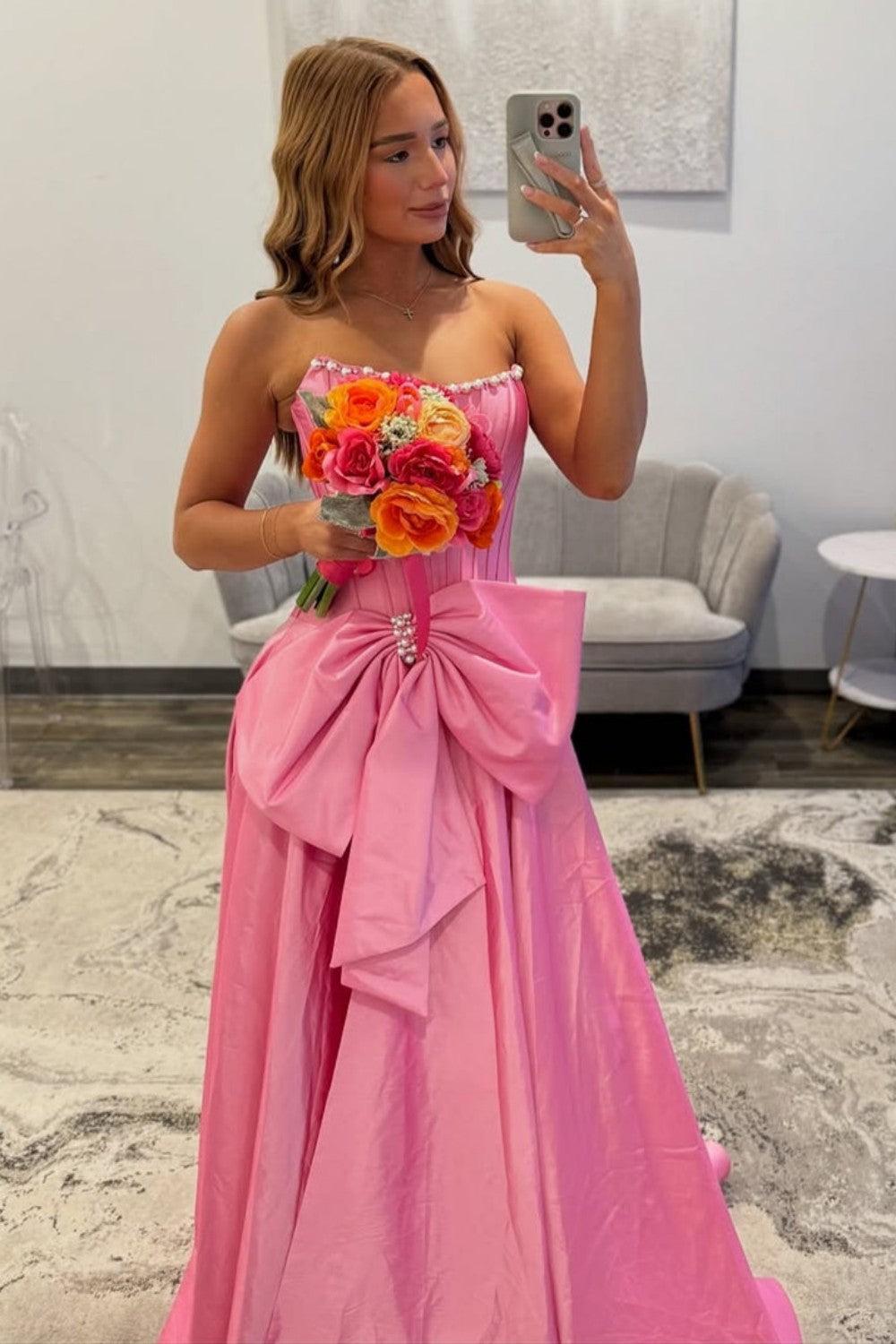 Dreamyannie Pink Satin Corset Prom Dress With Neckline Pearl Trim & Oversized Bow Formal Evening Gown