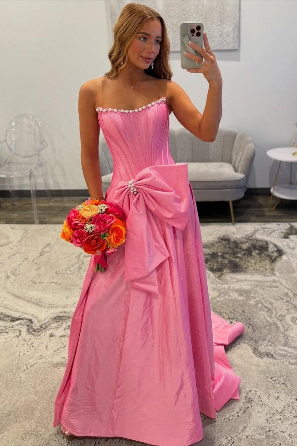 Dreamyannie Pink Satin Corset Prom Dress With Neckline Pearl Trim & Oversized Bow Formal Evening Gown