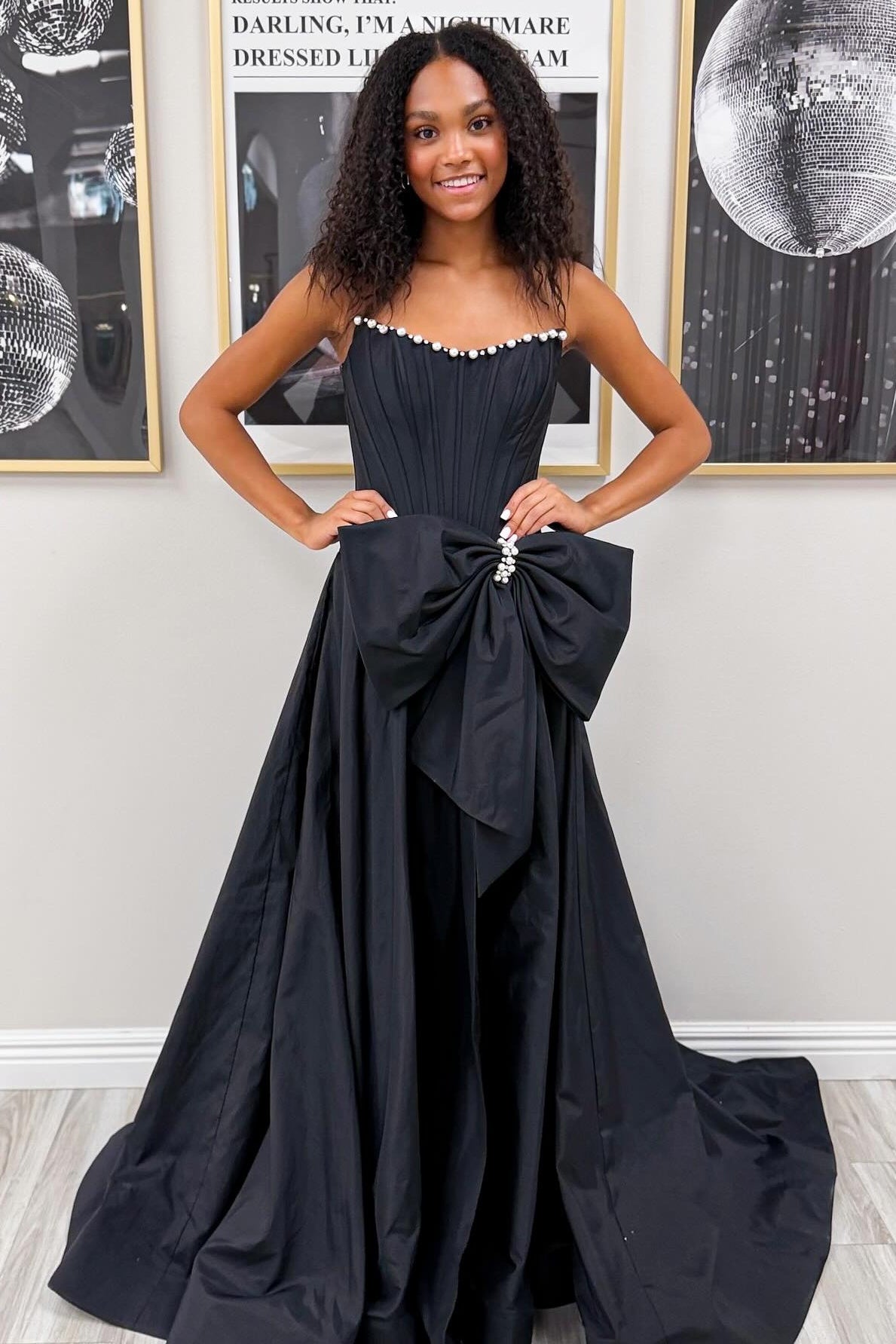 Dreamyannie Pink Satin Corset Prom Dress With Neckline Pearl Trim & Oversized Bow Formal Evening Gown
