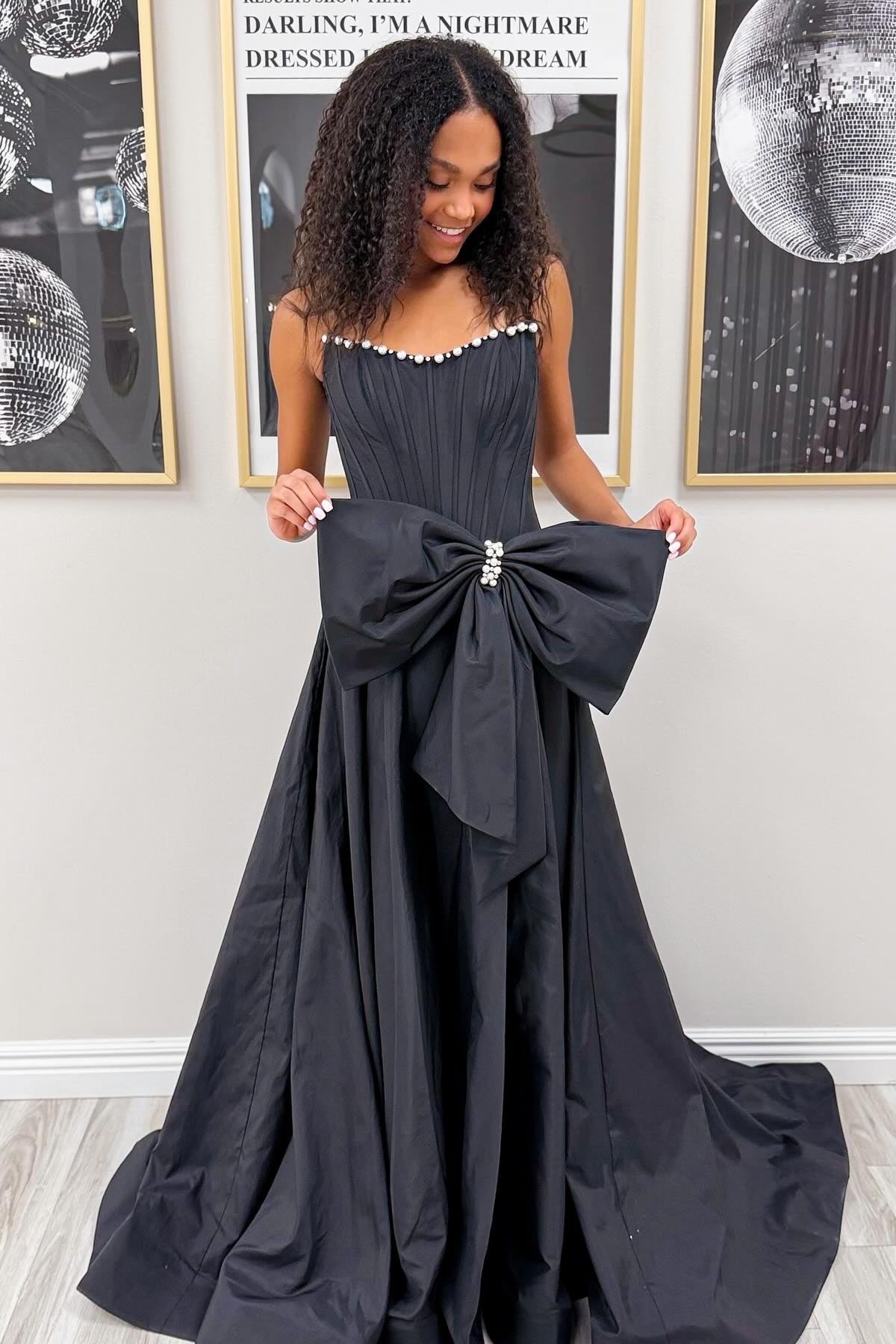 Dreamyannie Pink Satin Corset Prom Dress With Neckline Pearl Trim & Oversized Bow Formal Evening Gown