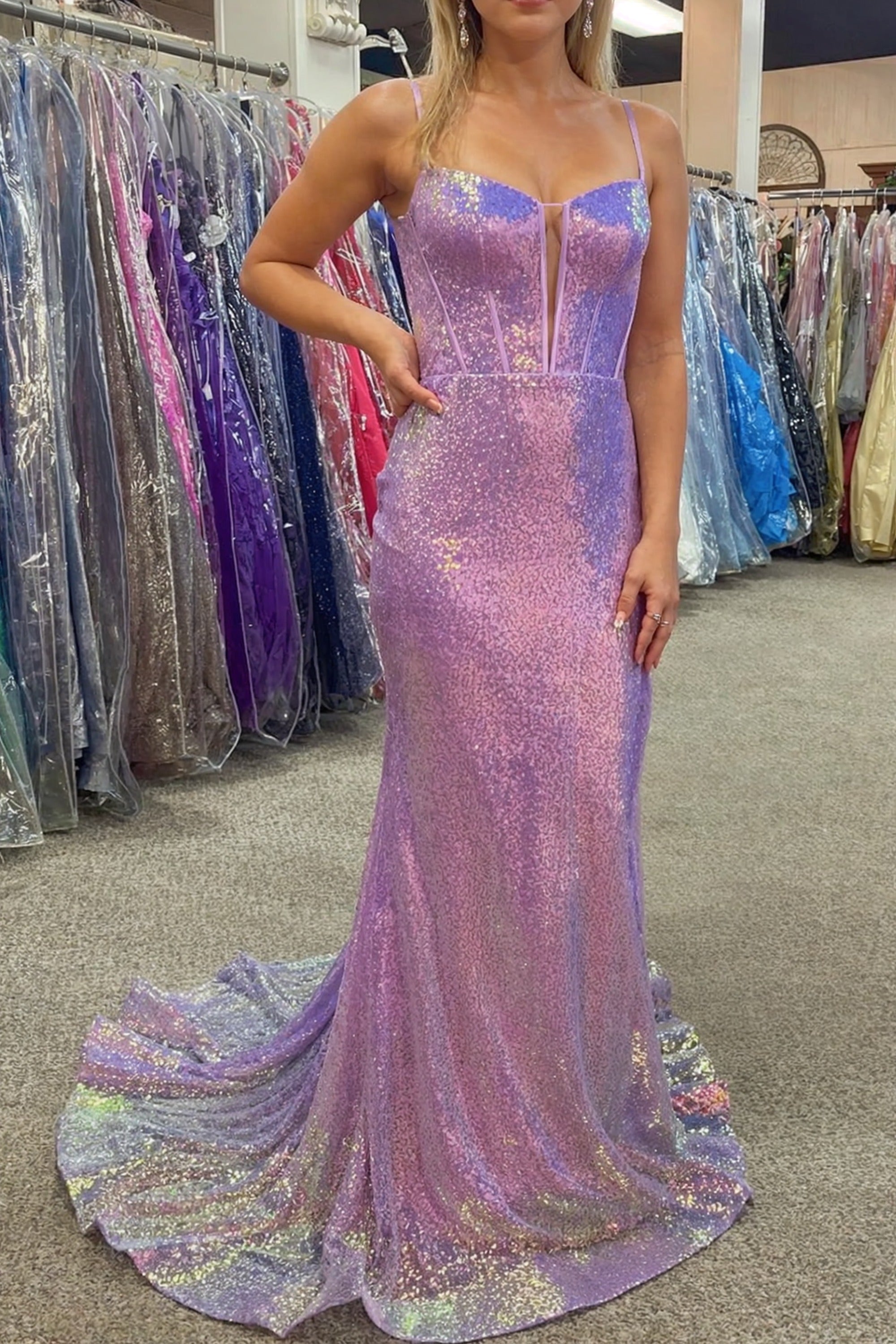 Pink Sequin Prom Dress Long Mermaid Corset Evening Dress