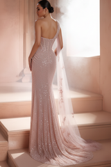 Pink Sequin Prom Dress with One Shoulder and Sheer Corset