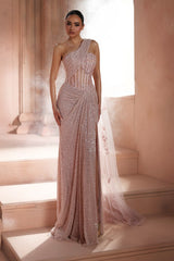 Pink Sequin Prom Dress with One Shoulder and Sheer Corset