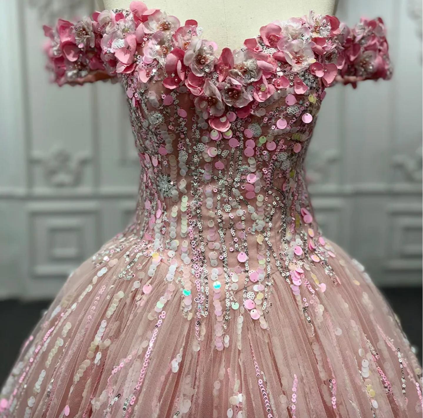 Pink Sequined Quinceanera Dress Ball Gown Sweet 16 Dress with Flowers