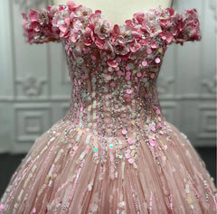 Pink Sequined Quinceanera Dress Ball Gown Sweet 16 Dress with Flowers