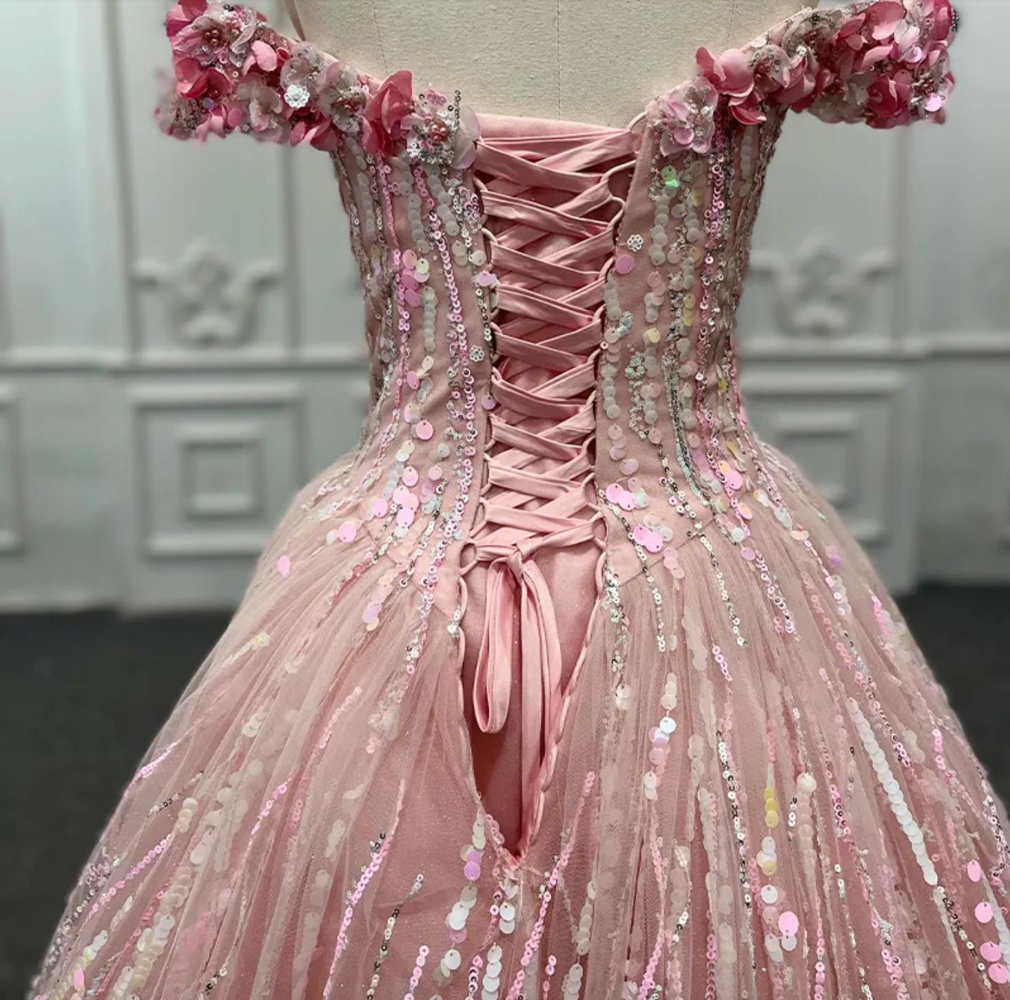 Pink Sequined Quinceanera Dress Ball Gown Sweet 16 Dress with Flowers