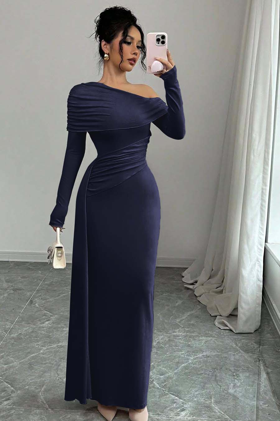Pink Sheath/Column Prom Dress Long Sleeve Asymmetric Neck Satin Evening Dress