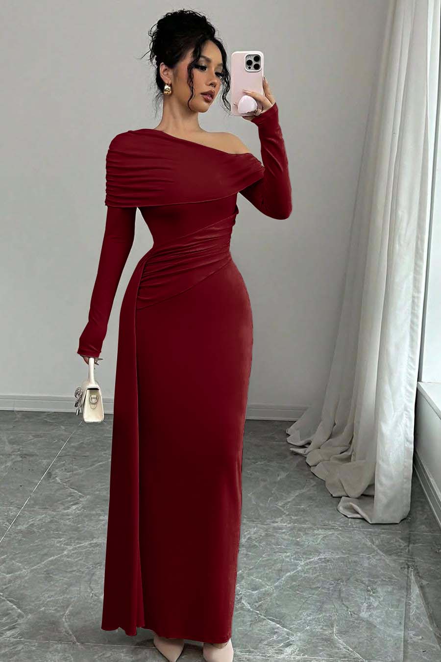 Pink Sheath/Column Prom Dress Long Sleeve Asymmetric Neck Satin Evening Dress