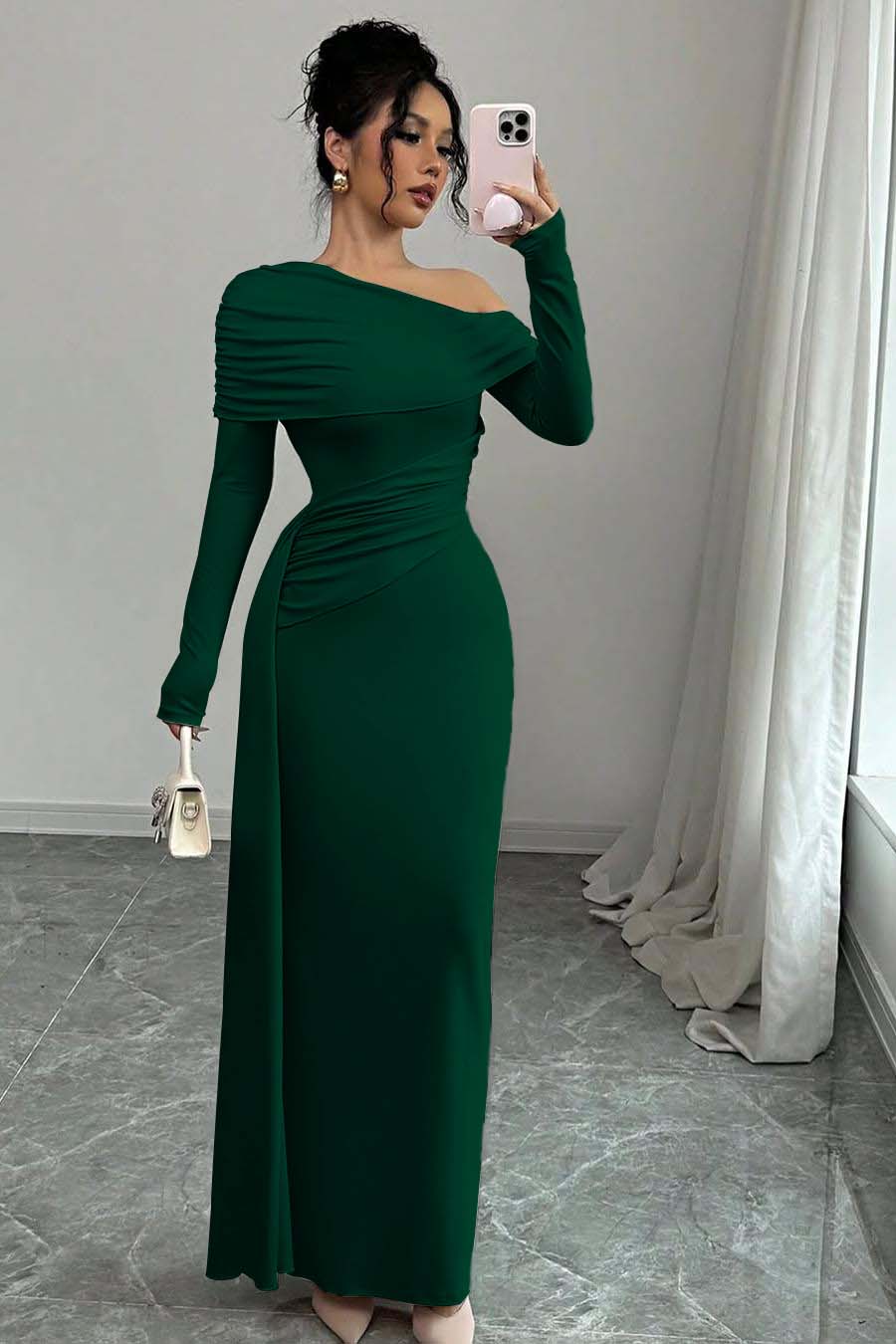 Pink Sheath/Column Prom Dress Long Sleeve Asymmetric Neck Satin Evening Dress