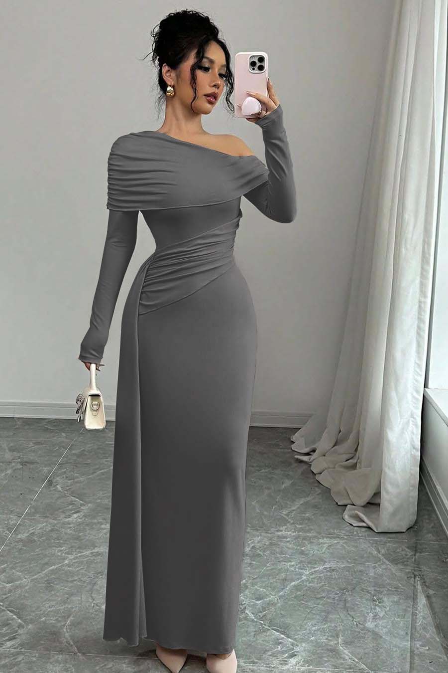 Pink Sheath/Column Prom Dress Long Sleeve Asymmetric Neck Satin Evening Dress