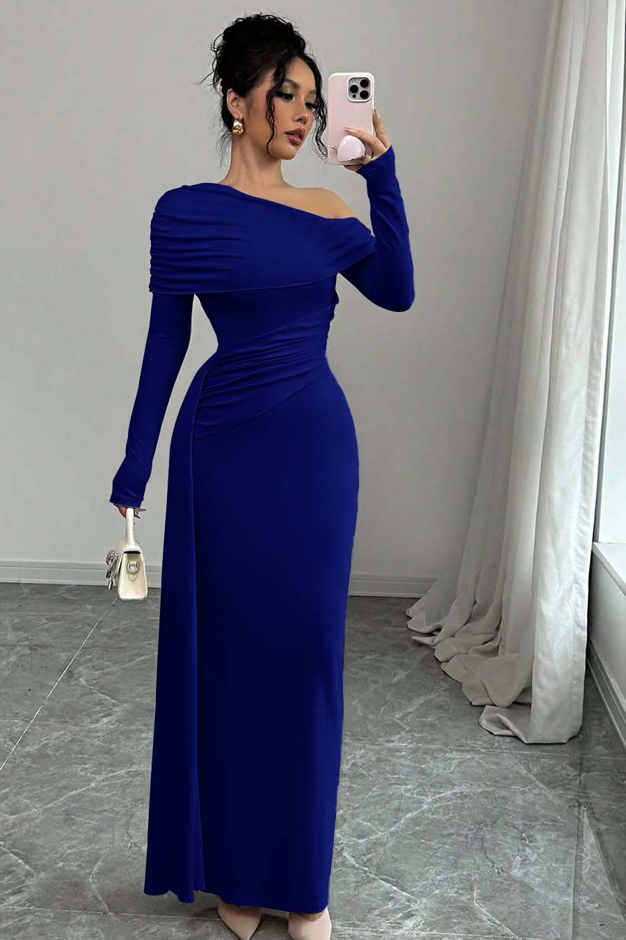 Pink Sheath/Column Prom Dress Long Sleeve Asymmetric Neck Satin Evening Dress