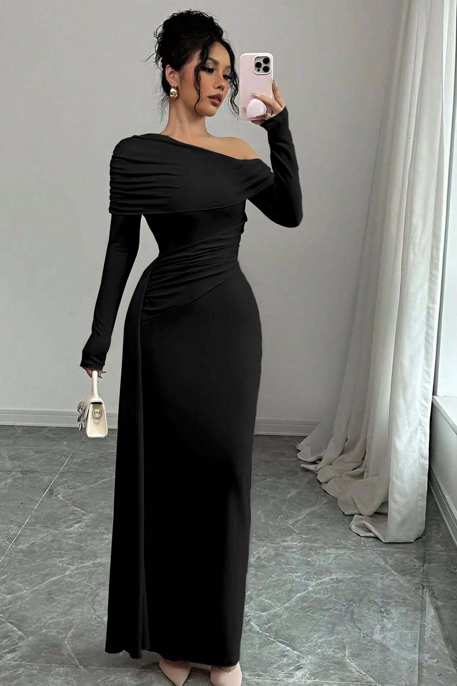 Pink Sheath/Column Prom Dress Long Sleeve Asymmetric Neck Satin Evening Dress
