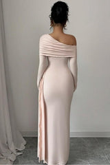 Pink Sheath/Column Prom Dress Long Sleeve Asymmetric Neck Satin Evening Dress