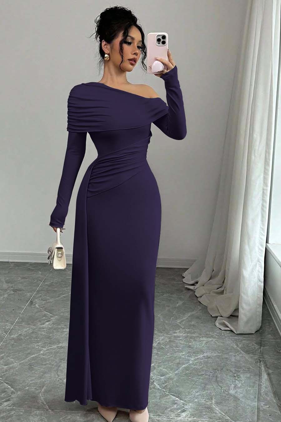 Pink Sheath/Column Prom Dress Long Sleeve Asymmetric Neck Satin Evening Dress