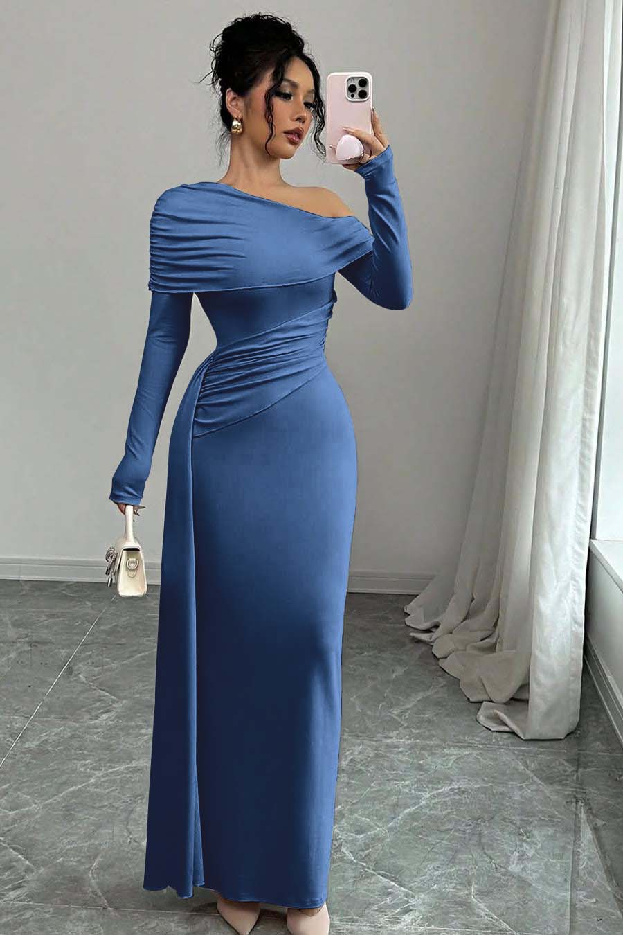 Pink Sheath/Column Prom Dress Long Sleeve Asymmetric Neck Satin Evening Dress