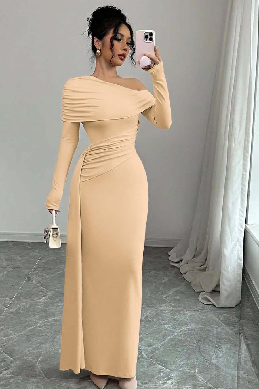 Pink Sheath/Column Prom Dress Long Sleeve Asymmetric Neck Satin Evening Dress
