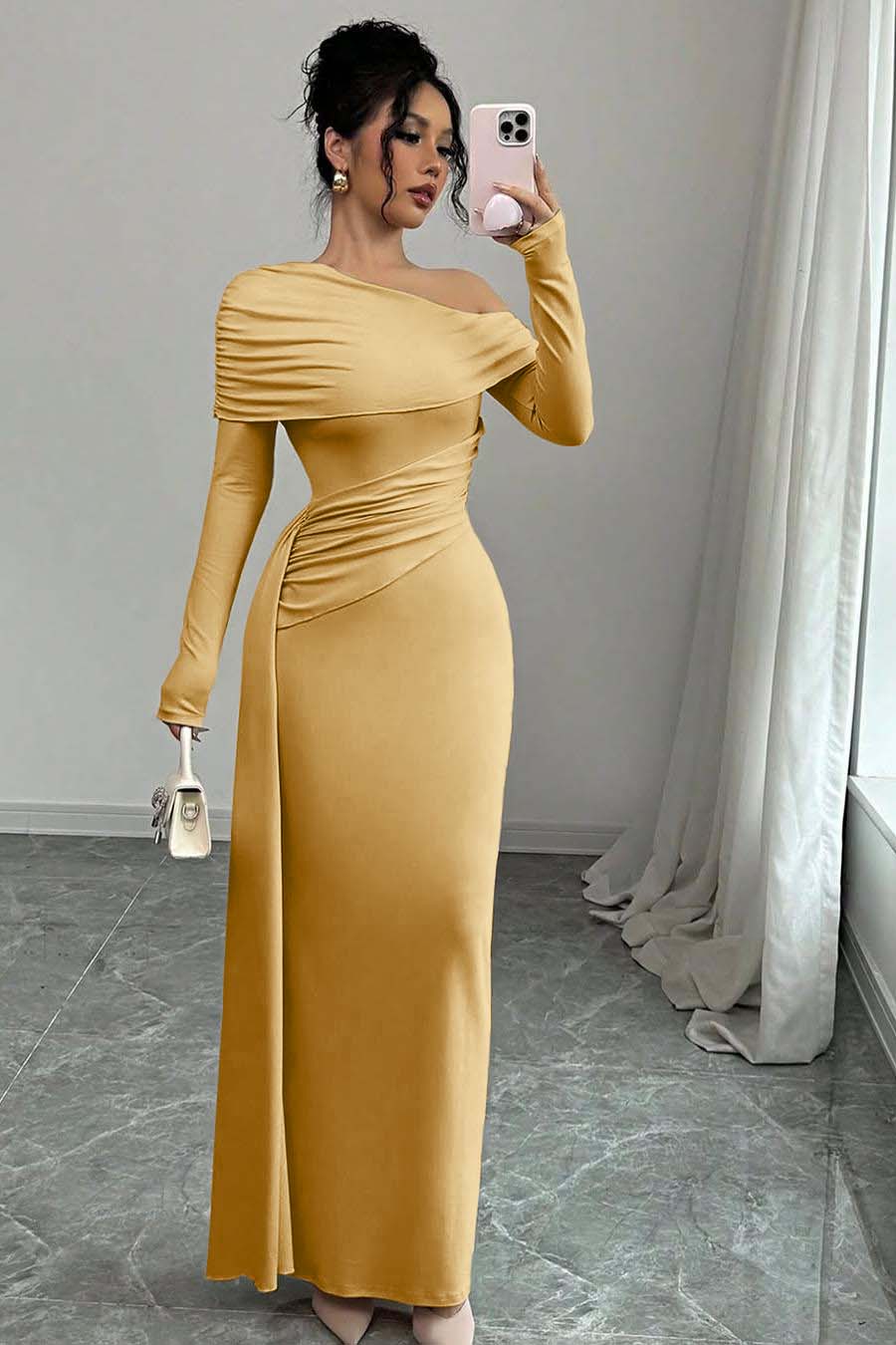 Pink Sheath/Column Prom Dress Long Sleeve Asymmetric Neck Satin Evening Dress