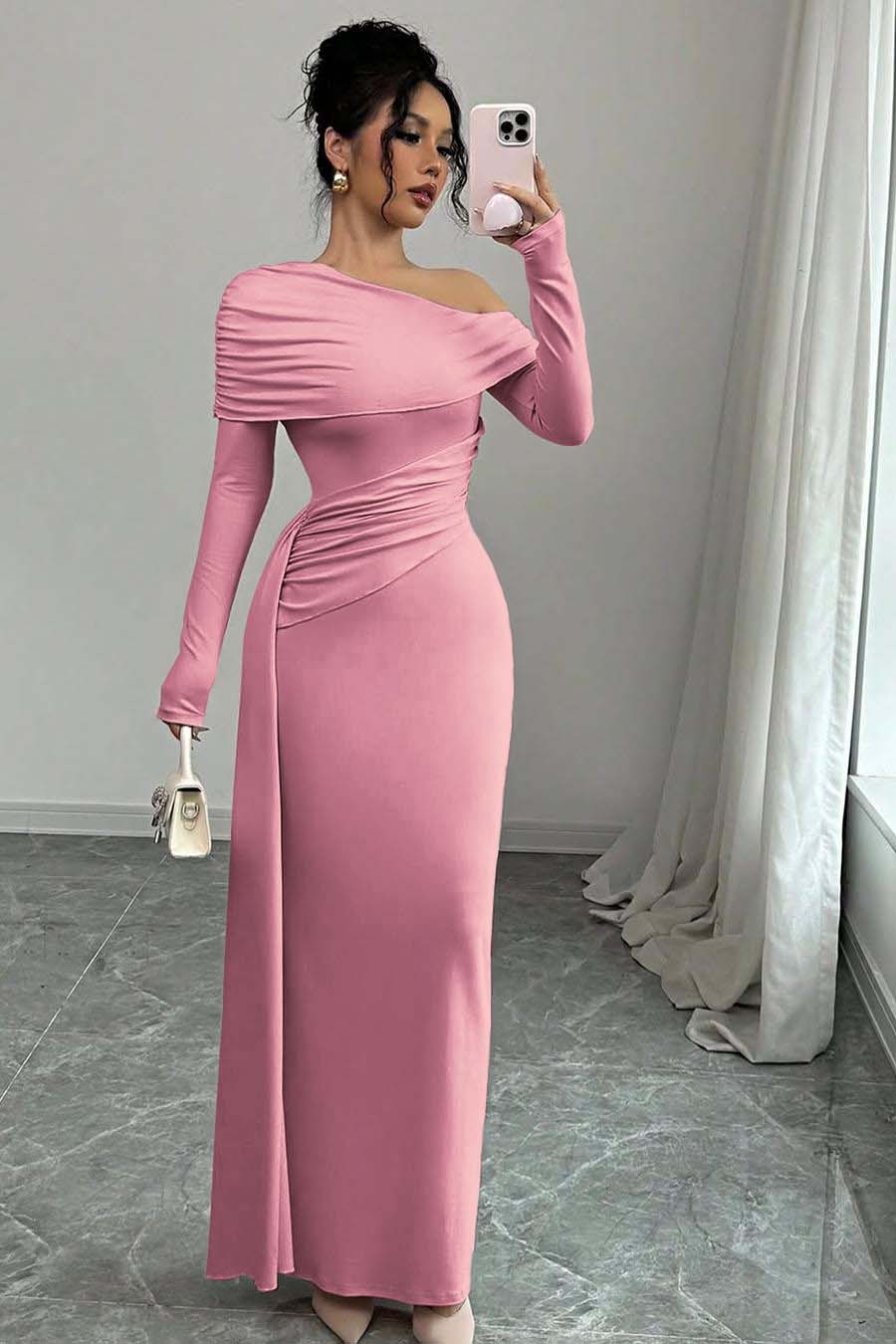 Pink Sheath/Column Prom Dress Long Sleeve Asymmetric Neck Satin Evening Dress