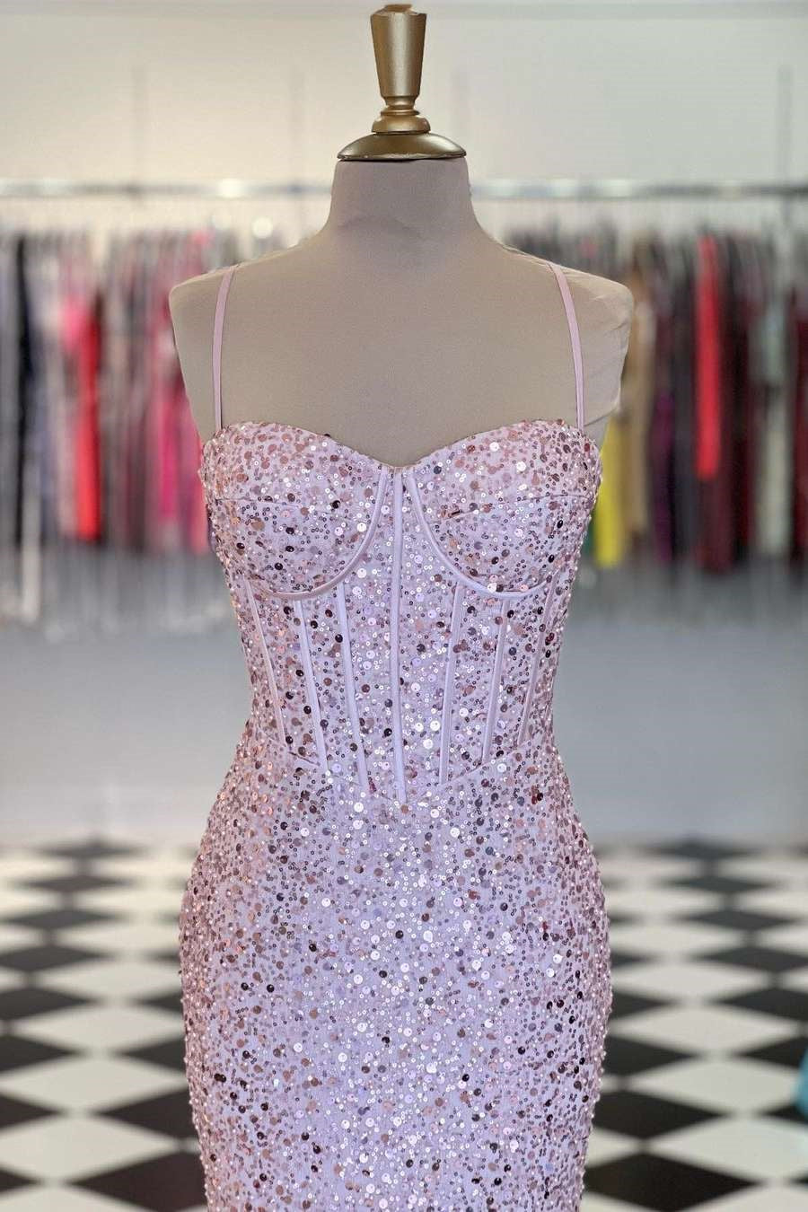 Pink Spaghetti Straps Mermaid Prom Dress Sleeveless Sequined Evening Dress