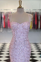 Pink Spaghetti Straps Mermaid Prom Dress Sleeveless Sequined Evening Dress
