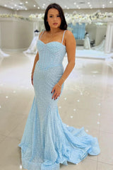 Pink Spaghetti Straps Mermaid Prom Dress Sleeveless Sequined Evening Dress