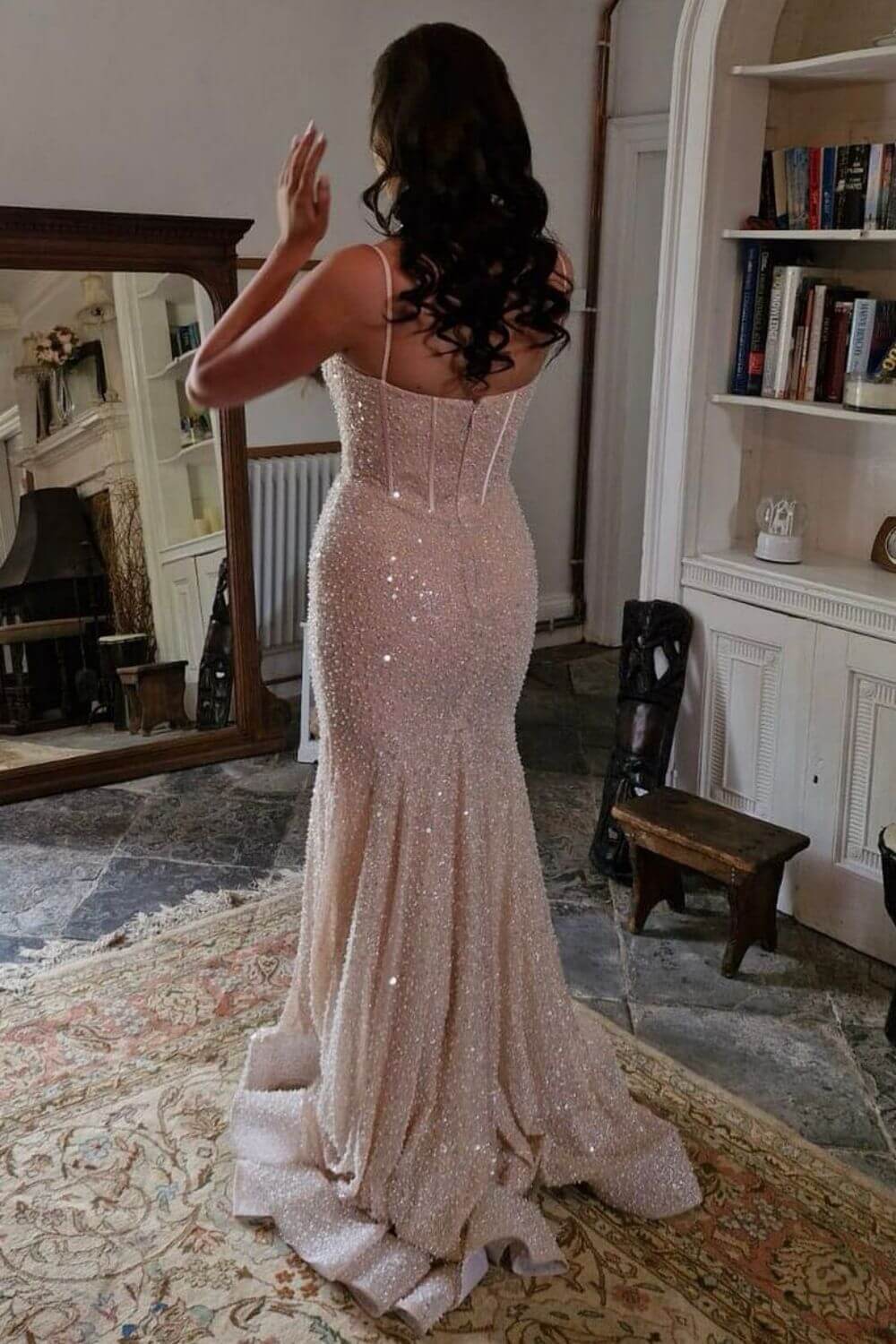 Pink Spaghetti Straps Mermaid Prom Dress Sleeveless Sequined Evening Dress
