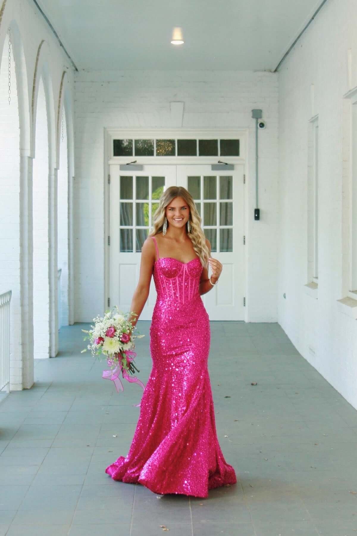 Pink Spaghetti Straps Mermaid Prom Dress Sleeveless Sequined Evening Dress