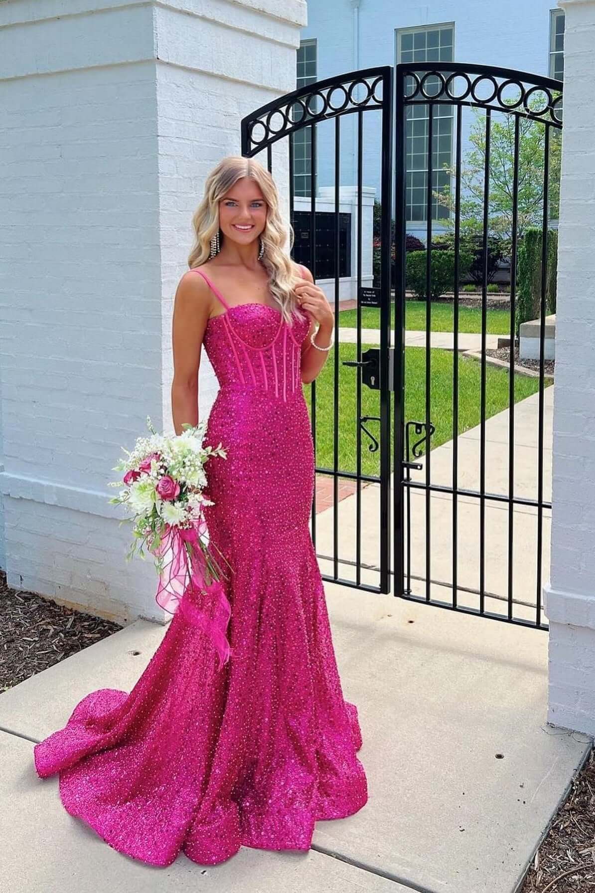 Pink Spaghetti Straps Mermaid Prom Dress Sleeveless Sequined Evening Dress