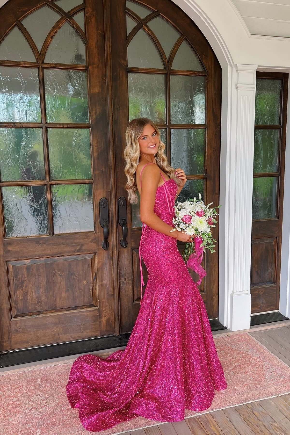 Pink Spaghetti Straps Mermaid Prom Dress Sleeveless Sequined Evening Dress