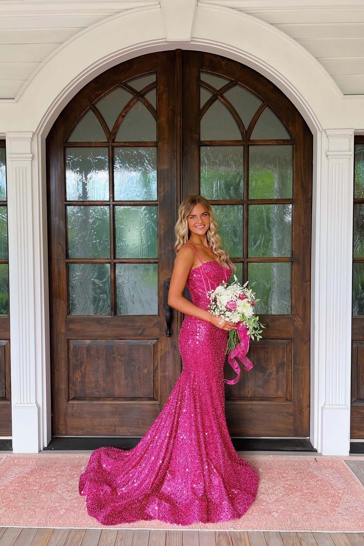 Pink Spaghetti Straps Mermaid Prom Dress Sleeveless Sequined Evening Dress