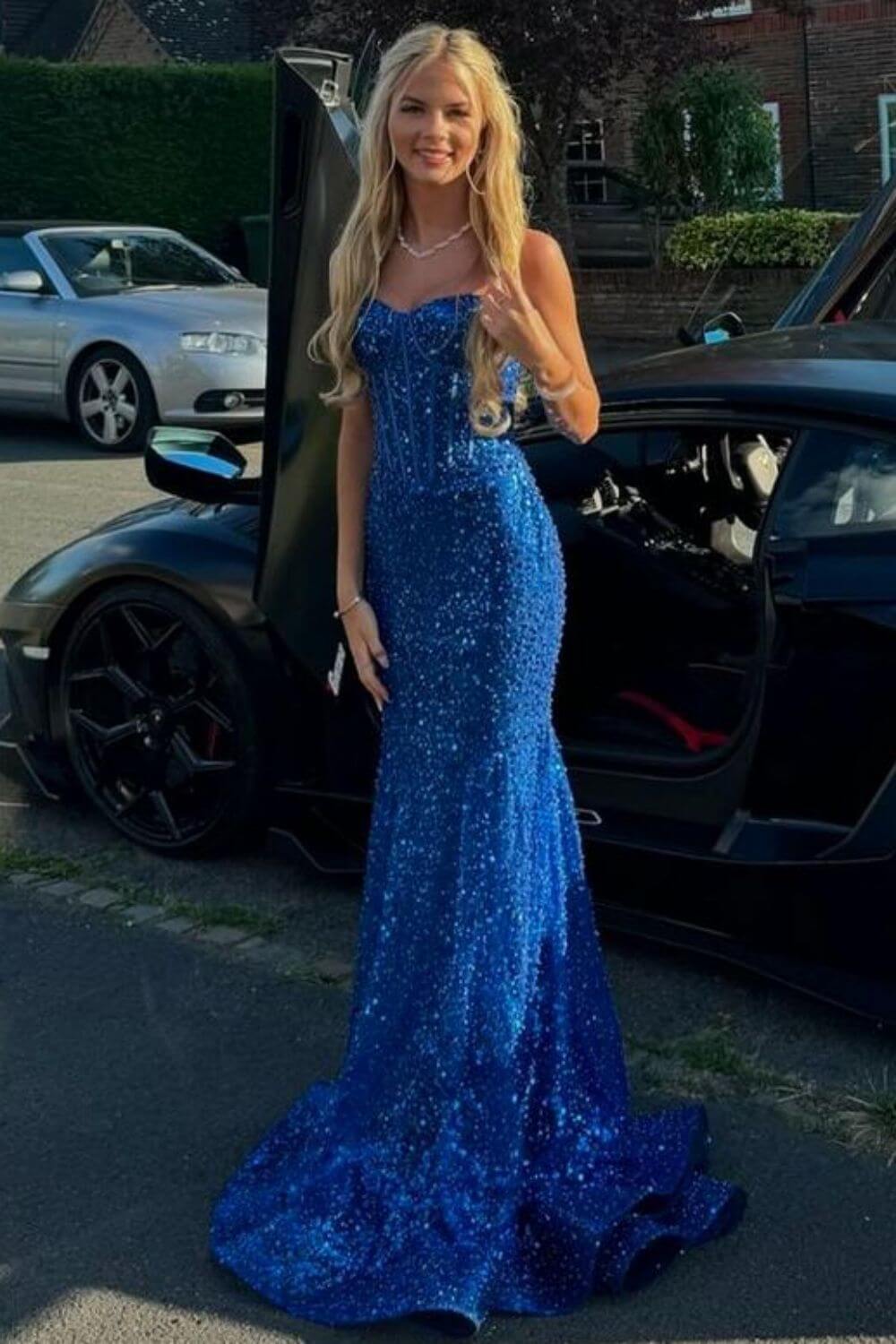 Pink Spaghetti Straps Mermaid Prom Dress Sleeveless Sequined Evening Dress