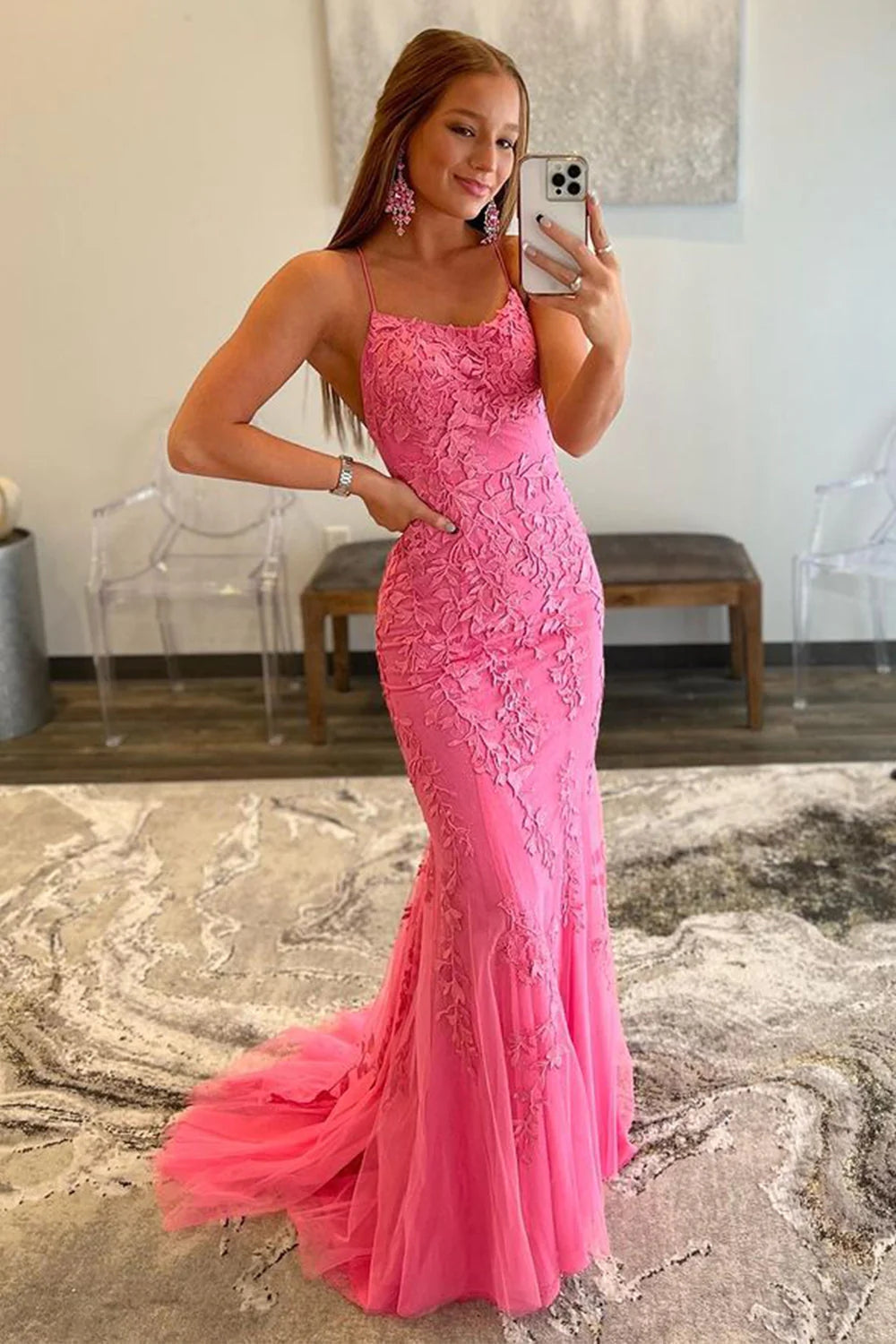 Blue Lace Mermaid Backless Prom Dress Tulle Evening Dress