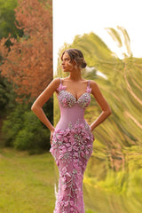 Pink Spaghetti Straps Prom Dress Tulle Mermaid Evening Dress with 3D Flowers