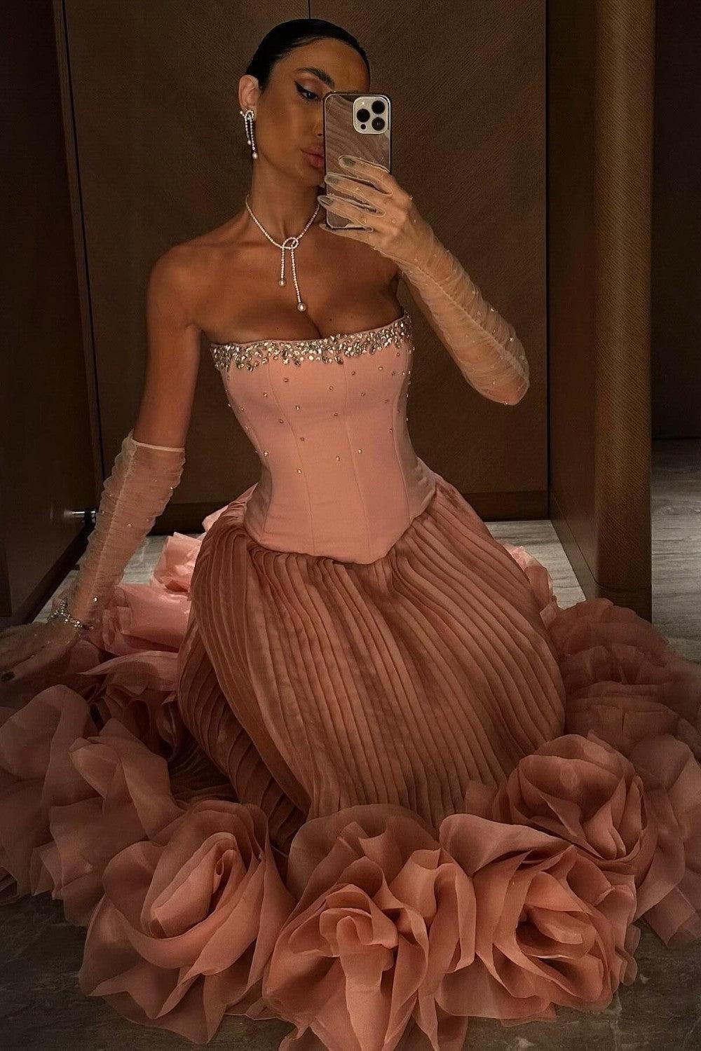Dreamyannie Pink Strapless Corset Prom Dress With Beaded Bodice And Tulle Skirt Formal Evening Gown