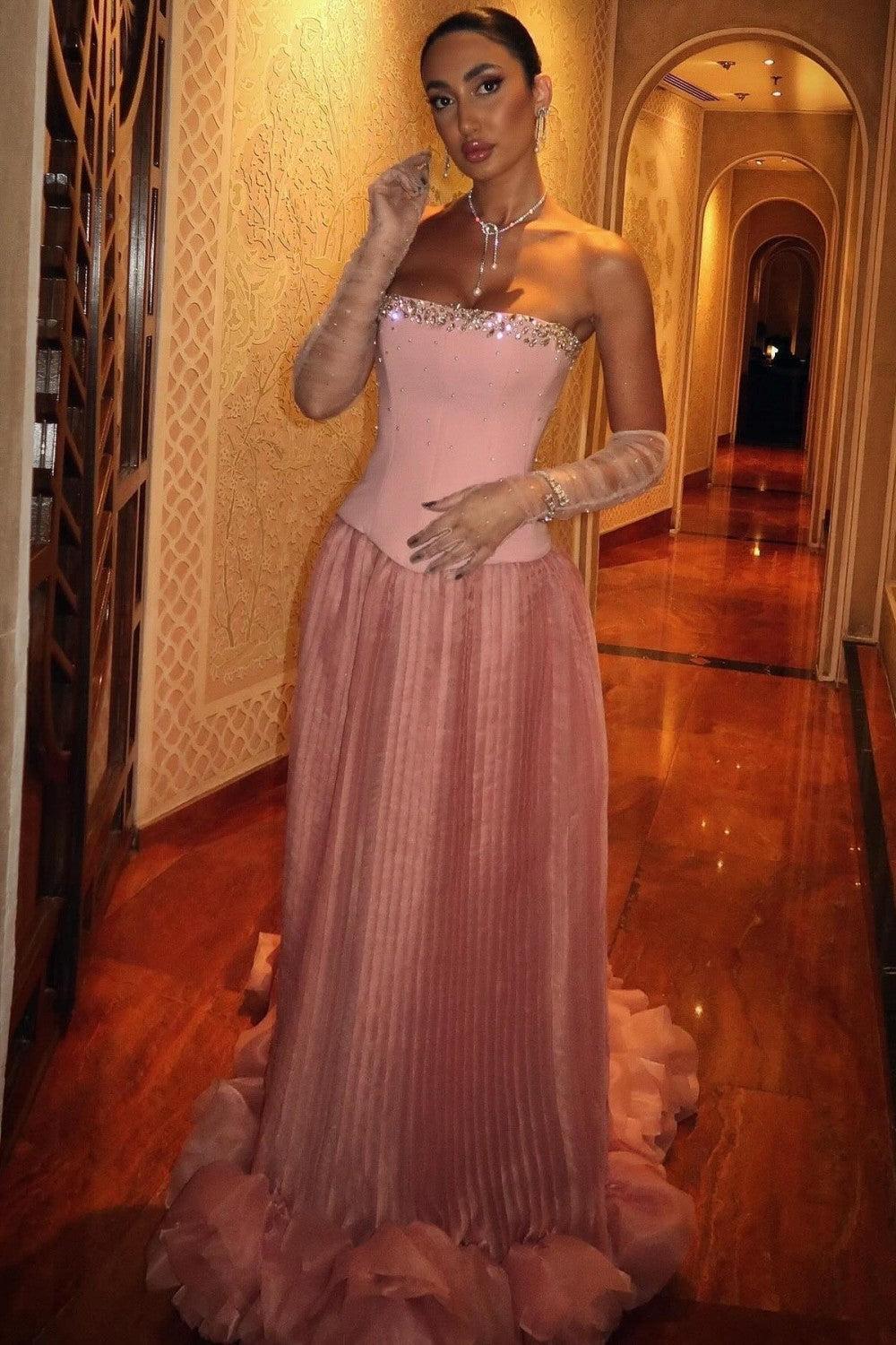 Dreamyannie Pink Strapless Corset Prom Dress With Beaded Bodice And Tulle Skirt Formal Evening Gown