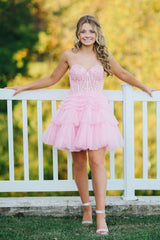 Pink Sweetheart A Line Corset Tiered Short Graduation Dress