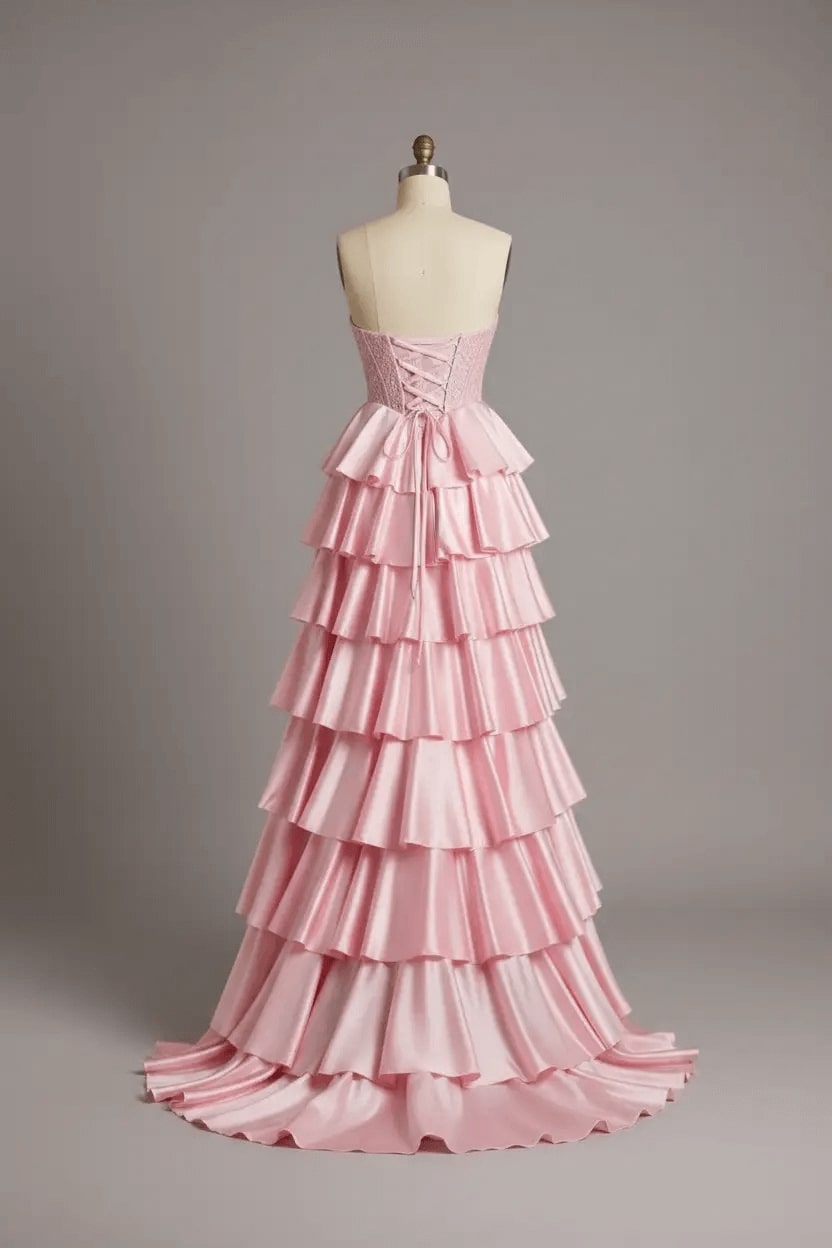 Pink Sweetheart Neck Prom Dress Satin Lace A Line Tiered Formal Evening Dress